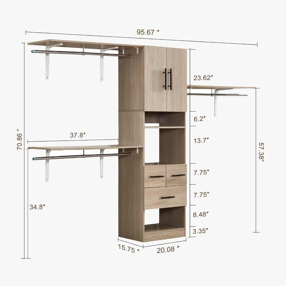 Kast Organizer Systeem, Kast Systeem Heavy Duty 3 Verstelbaar Kledingrek Met 3 Houten Laden En 3 Toren, Ingebouwde Kledingkast