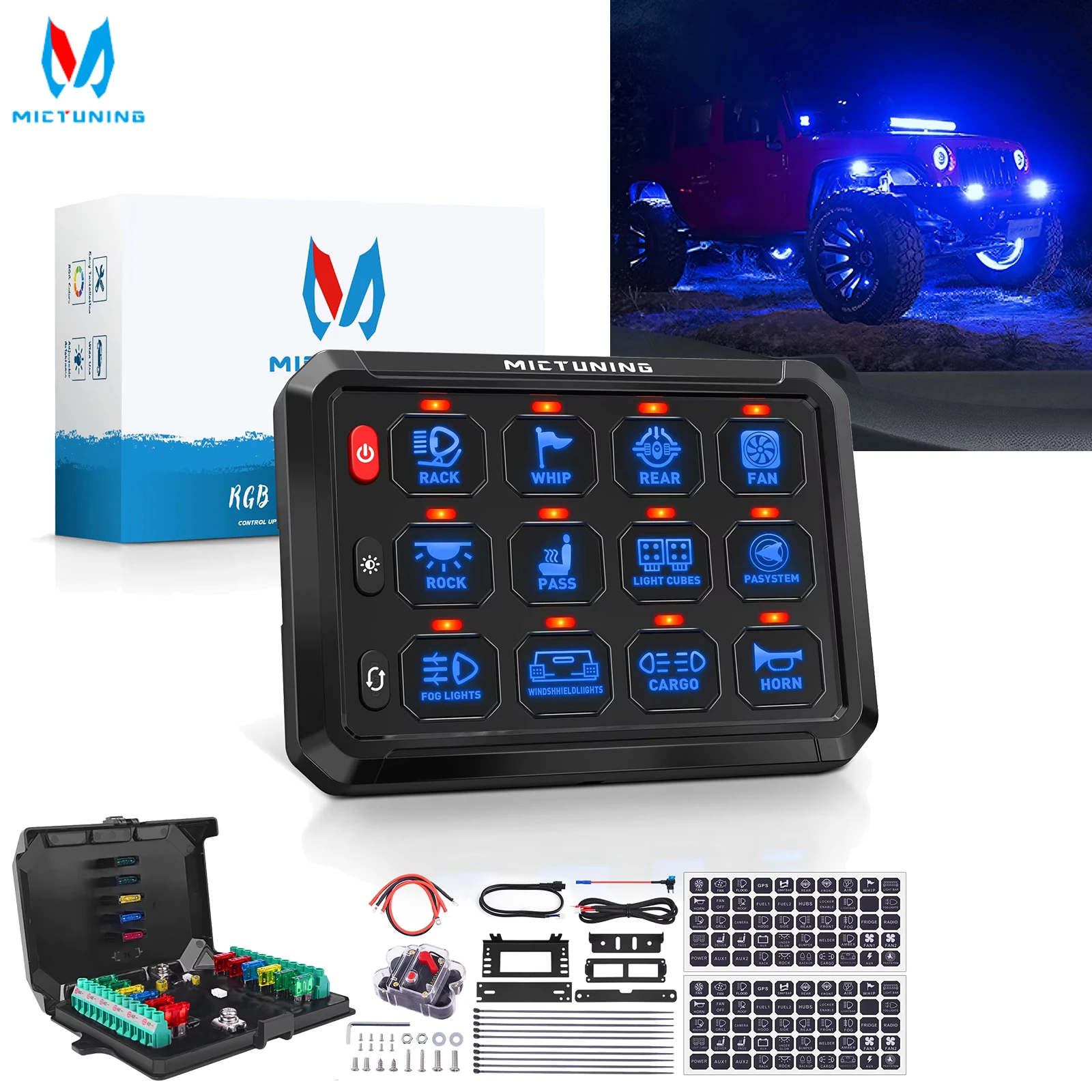 

MICTUNING 12 Gang Switch Panel Blue 60Amp Touch ON-Off Momentary Circuit Control Relay Box for Camper RV ATV SUV UTV Truck Car