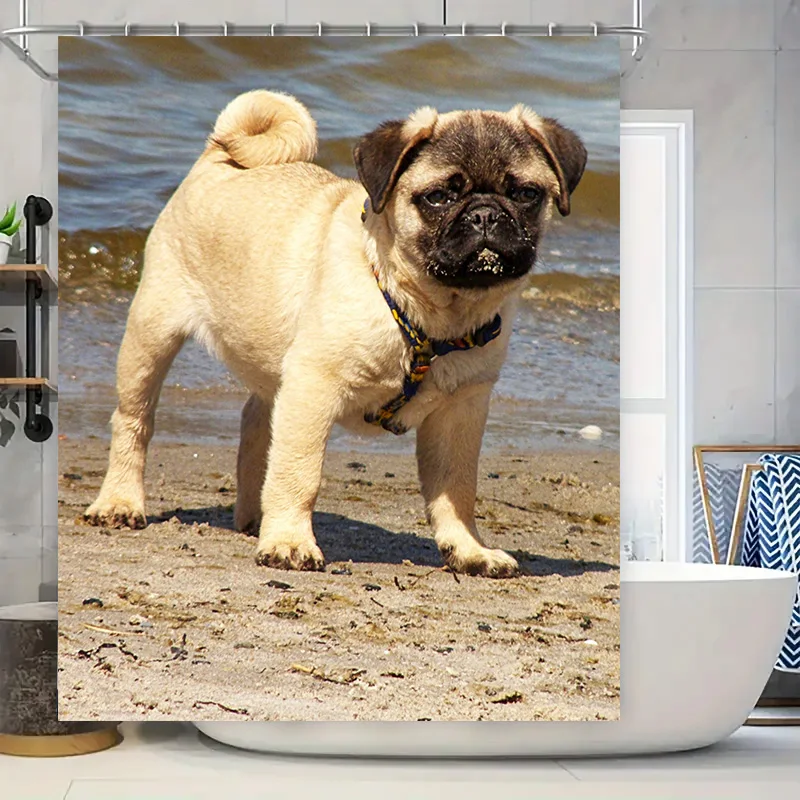 

Adorable Pug Dog Print Shower Curtain for Bathroom Decor Waterproof Fabric with Hook Rings Various Sizes Available