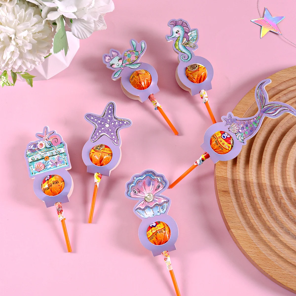 24pcs Purple Mermaid Lollipop Holders Mixed Paper Candy Packaging Cards for Kids Girls Birthday Baby Shower Party Decorations