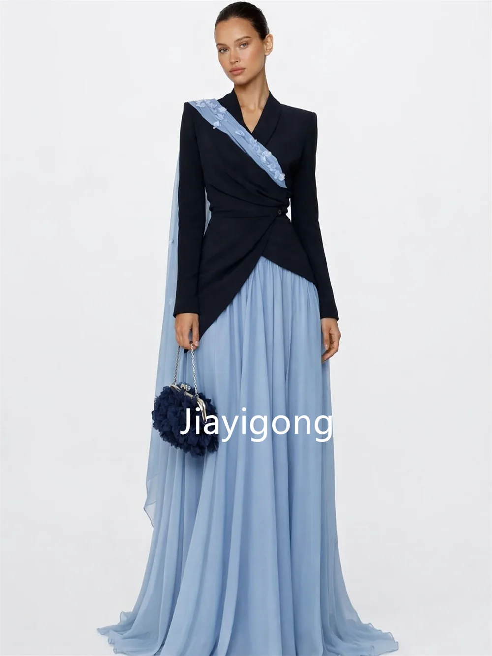Customized Simple Jersey Pleat A-line V-neck Long Bespoke Occasion Prom Dresses Sizes Available Matching