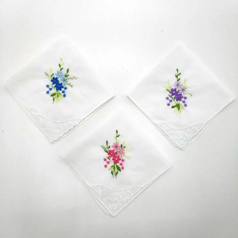3pcs/set Women Basic White Square Phanchief Floral Borded Pocket Hanky B X3UC