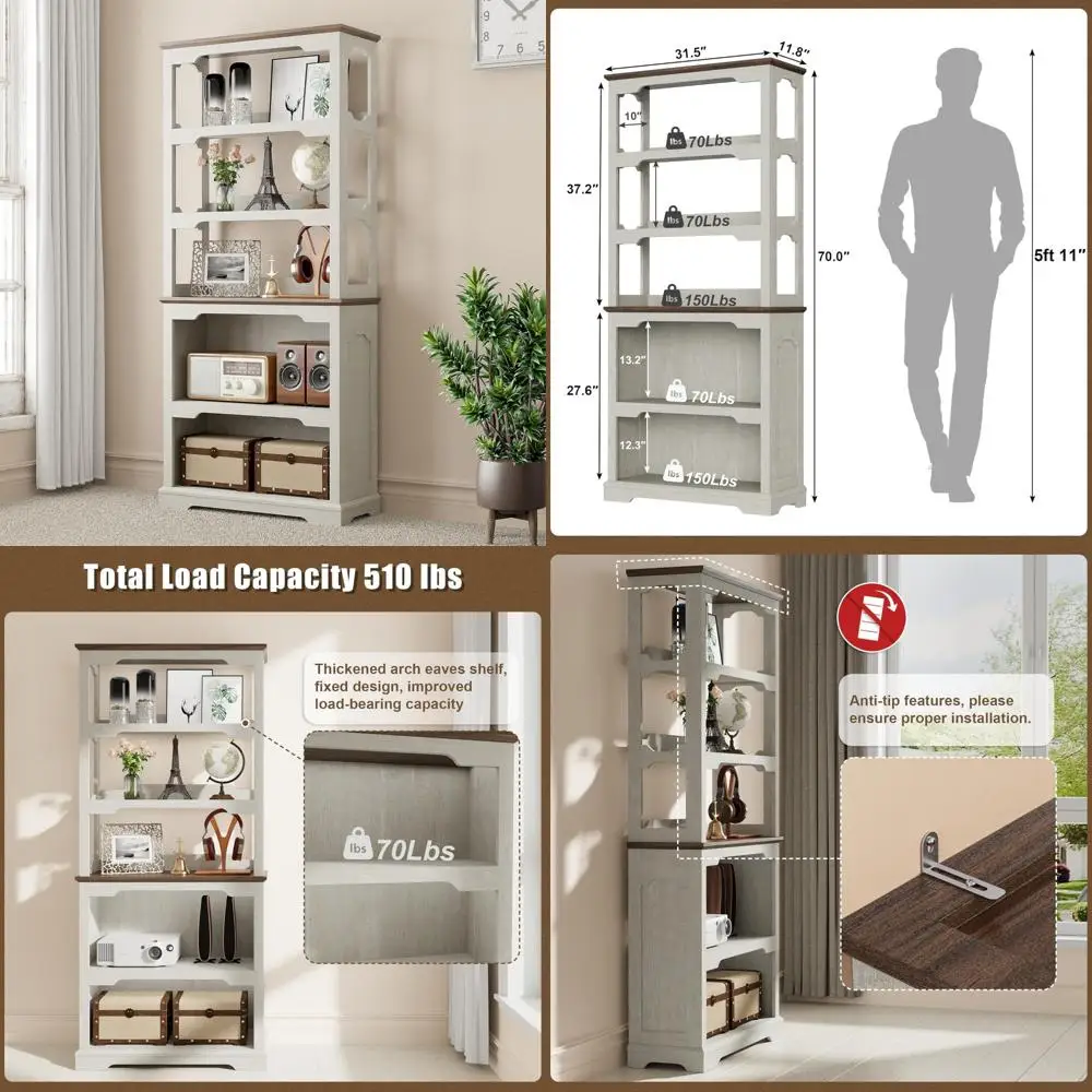 خزانة كتب مفتوحة للتخزين بطول 5 طبقات بطول 70 بوصة - بعرض 31.5 بوصة، مثالية للمنزل والمكتب وغرفة النوم والاستخدام المدرسي