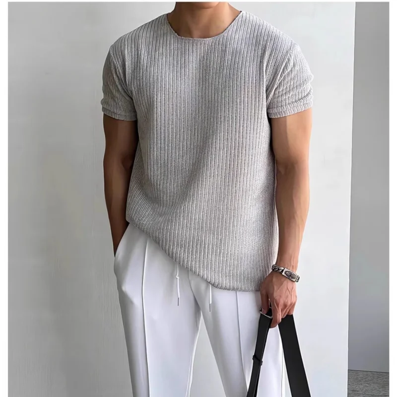 Summer Thin Round Neck Knitted Short Sleeve Men'S Loose Casual Trendy Versatile Light Mature Style Breathable-Shirt Top Me