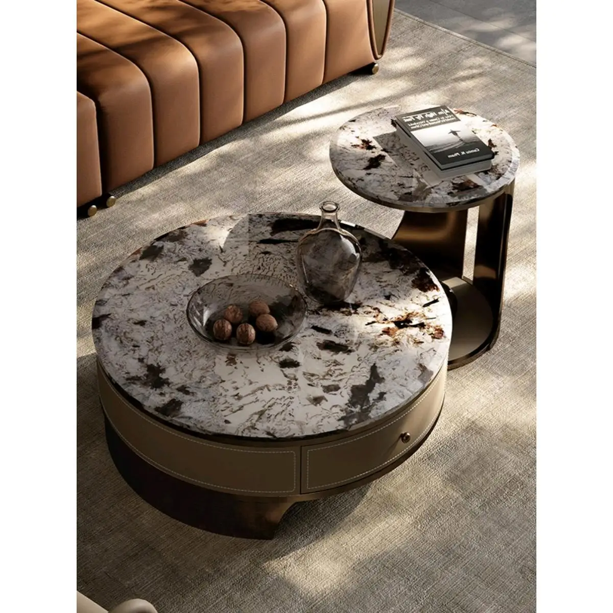 

Natural marble coffee table living room household Italian light luxury round size combination living room coffee table
