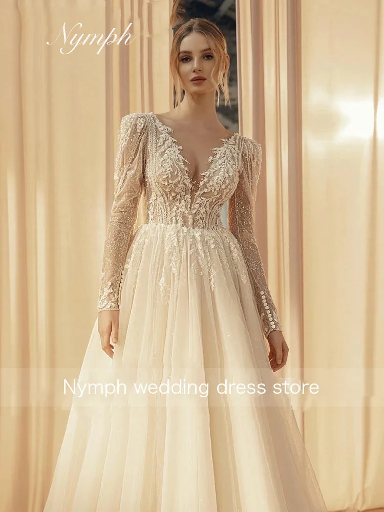 Robes De mariée trapèze personnalisées, col en v profond, Illusion De dentelle, avec des Appliques De princesse, avec traîne brosse, robes De mariée