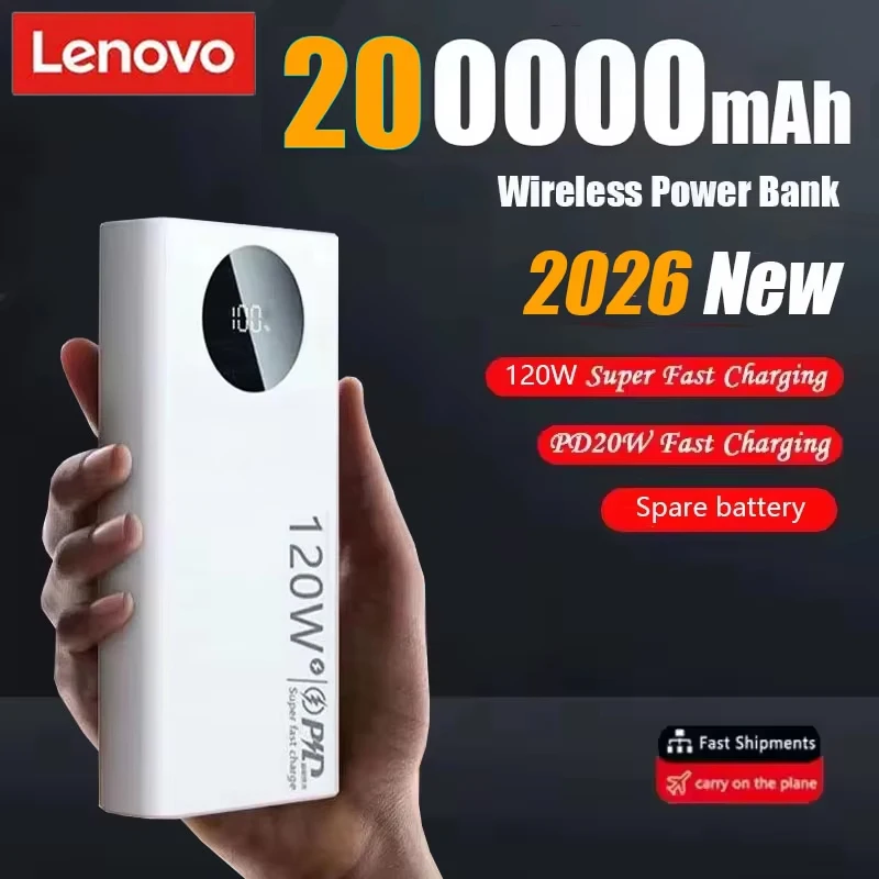 

Портативное зарядное устройство Lenovo 120W 200000 мАч с высокой емкостью и сверхбыстрой зарядкой для iPhone, Samsung, Xiaomi