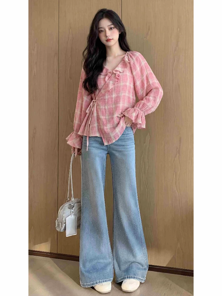 

Casual Plaid Shirt Women's V-neck Tunic Spring Autumn New Korean Style Belted Small Size Top Floral Lace Hemline Button Closure
