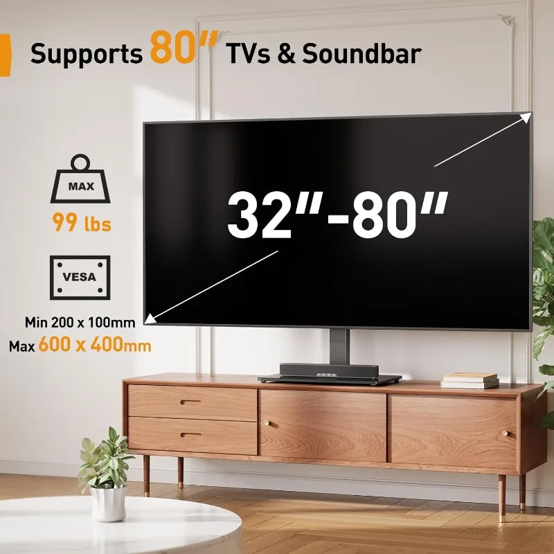 Universal TV Stand with Power Outlet, Swivel TV Stand for 32-80 inch TVs up to 99 lbs, TV Stand with Tempered Glass Base,