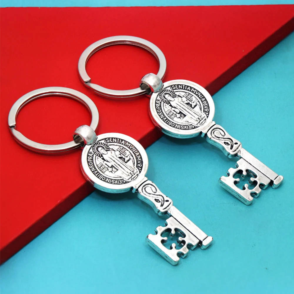 Porte-clés Saint benoît, 3.3 pouces, 1 pièce, Antique, argent, Crucifix catholique, médaille, K1684