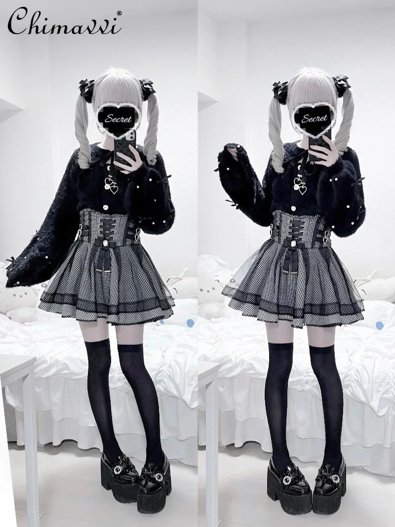 

Японская милая крутая клетчатая юбка с высокой талией для девочек, осенняя одежда 2025 года, новая мода Kawaii JK, элегантные женские юбки в стиле Лолиты