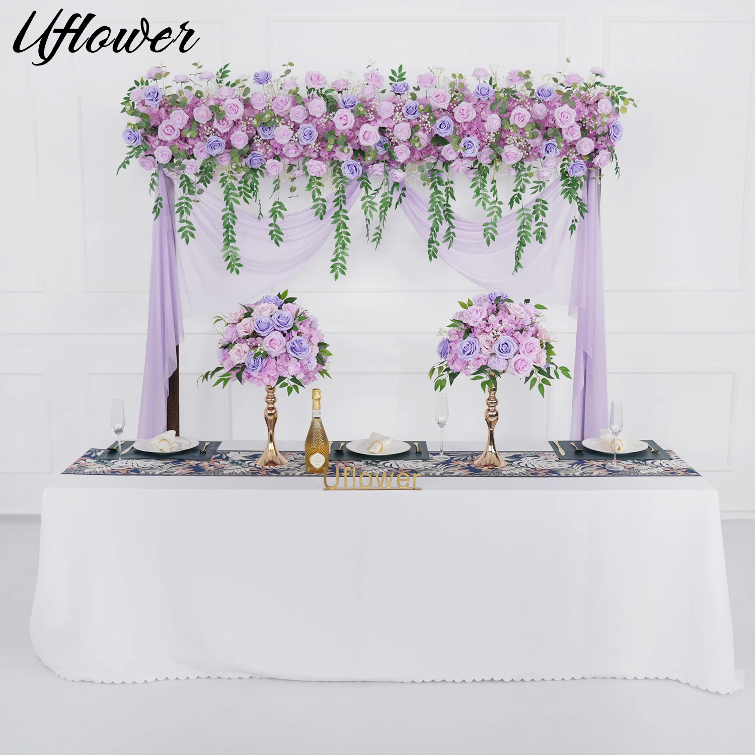 

Uflower Purple Wedding Backdrop Arrangement Gypsophila Rose Willow Leaf Floral Row Decor Arch Event Table Centerpieces Flower