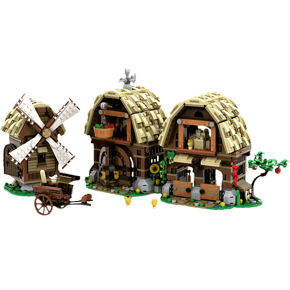 MOC-bloques de construcción de granja Medieval antigua, modelo de molino, Village Raid, Remake, Castillo Medieval, ladrillos, juguete ensamblado DIY para regalo de niños