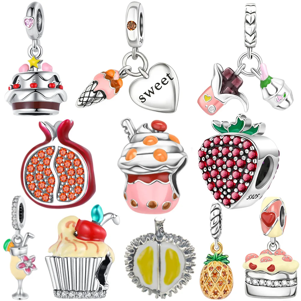 Breloques en argent sterling 925 en forme de boisson aux fruits, compatibles avec les bracelets originaux, breloques pour sacs et porte-clés, pendentifs, bijoux DIY pour femmes, cadeau