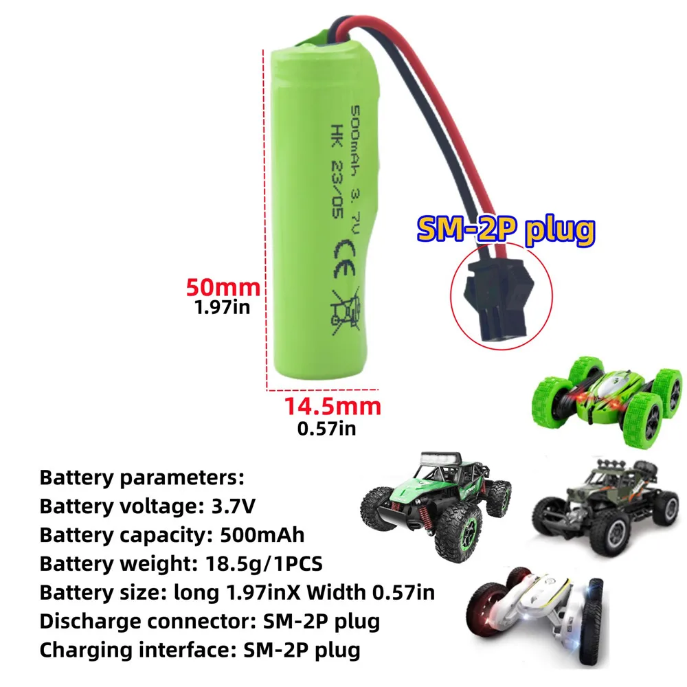 Batteria agli ioni di litio da 2 pezzi 3.7V 500mAh con spina SM-2P e caricabatterie USB per DE35 DE38 DE40 DE50 DE55 TB202 TM141 RC Stunt Car RC