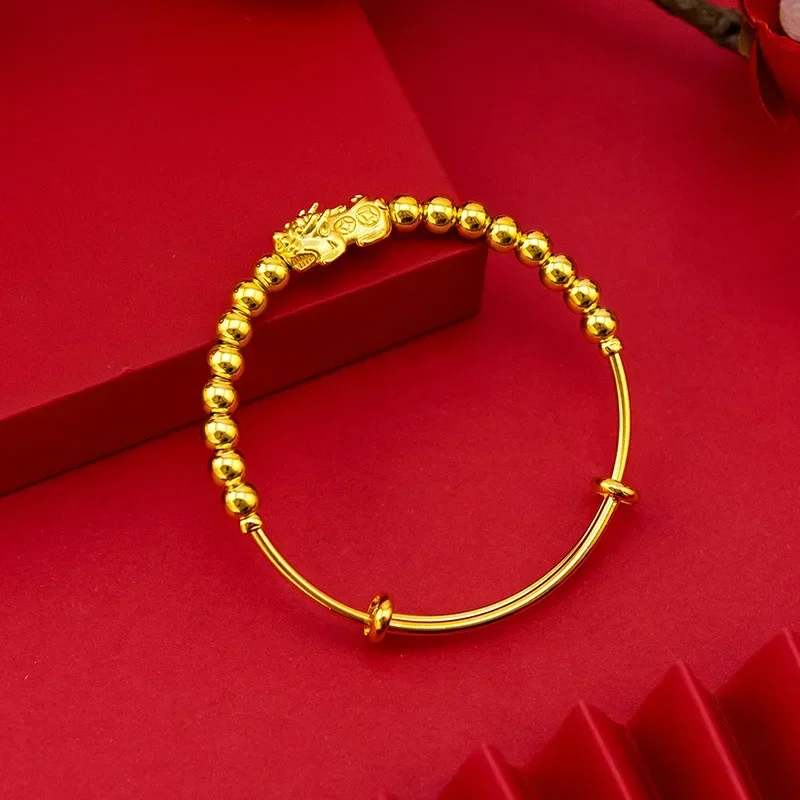 9999 Real Gold 24K Beaded Pixiu Bracelet, Fashion Gold Edition Gold Bead Transfer Pixiu Bracelet, Female