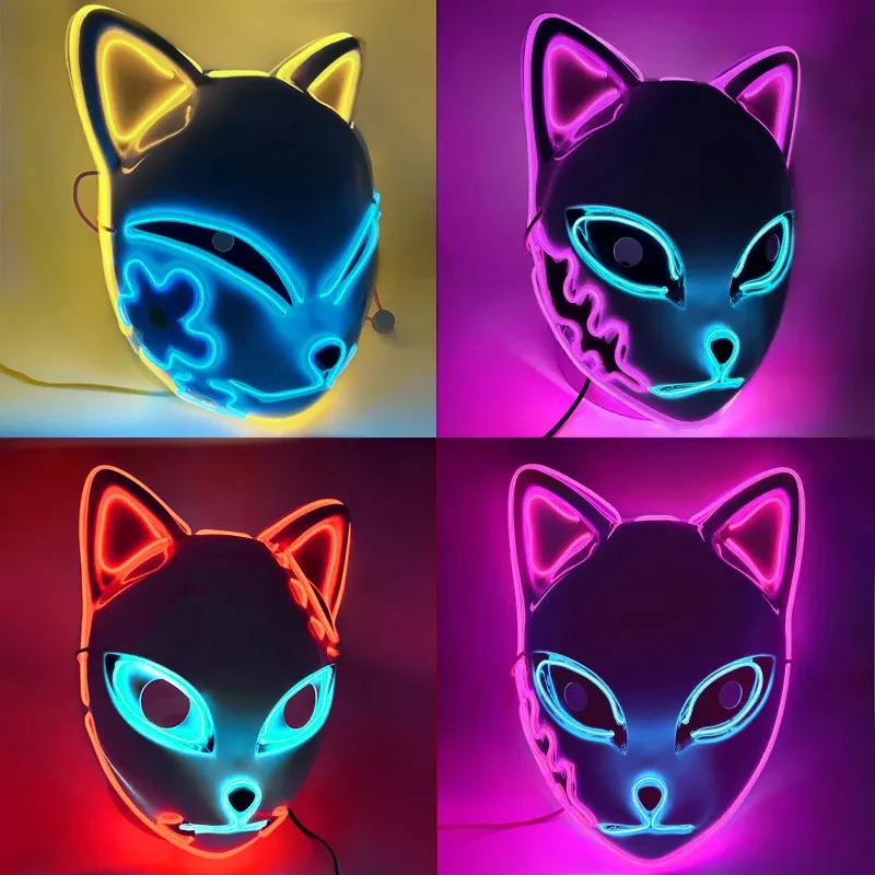 2023 Halloween Neon Mask Cosplay Japanese Anime Neon LED Demon Slayer Mask Halloween Party Costume Props