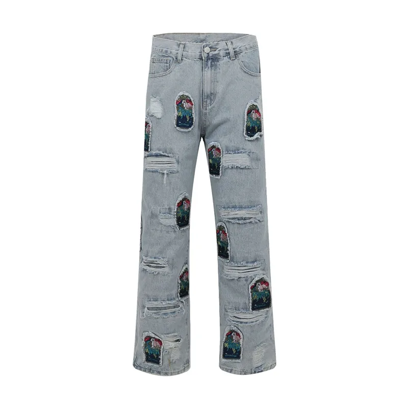 

Fashion Destroyed Hip Hop Jeans Pants With Patches Hi Street Ripped Denim Trousers Washed Blue Distressed Bottoms