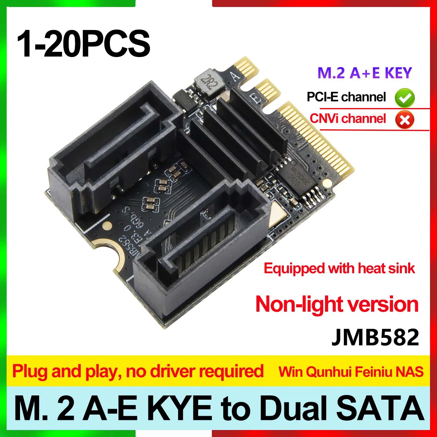 

Карта расширения M.2 на два порта SATA (1-20 шт.), адаптер M.2 A-E KEY на два порта SATA3.0 6Gbps, чип JMB582, поддержка Win Qunhui FeiNiu
