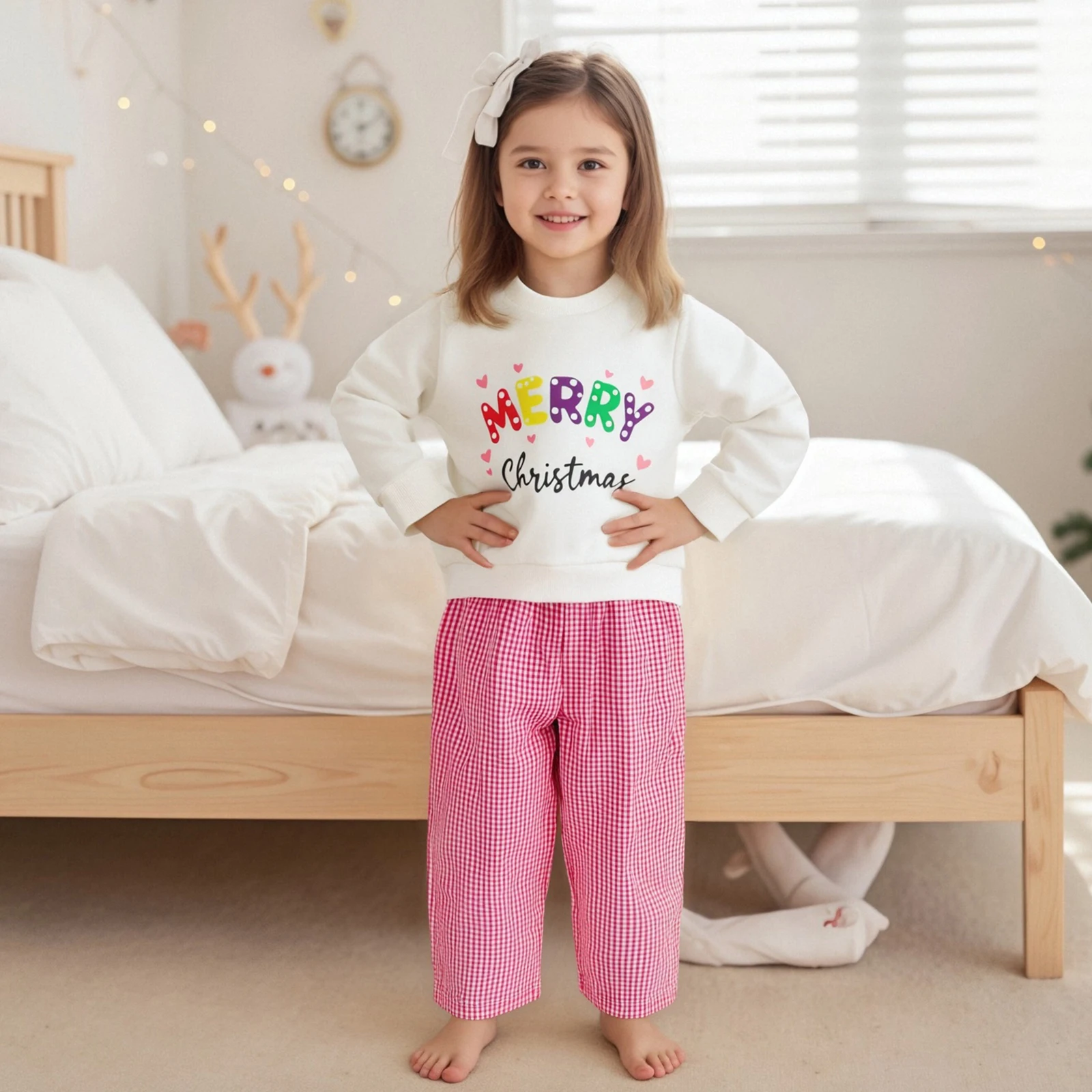 

Детская рождественская одежда для девочек, рождественские топы с длинными рукавами и круглым вырезом с буквенным принтом, клетчатые штаны, комплекты одежды