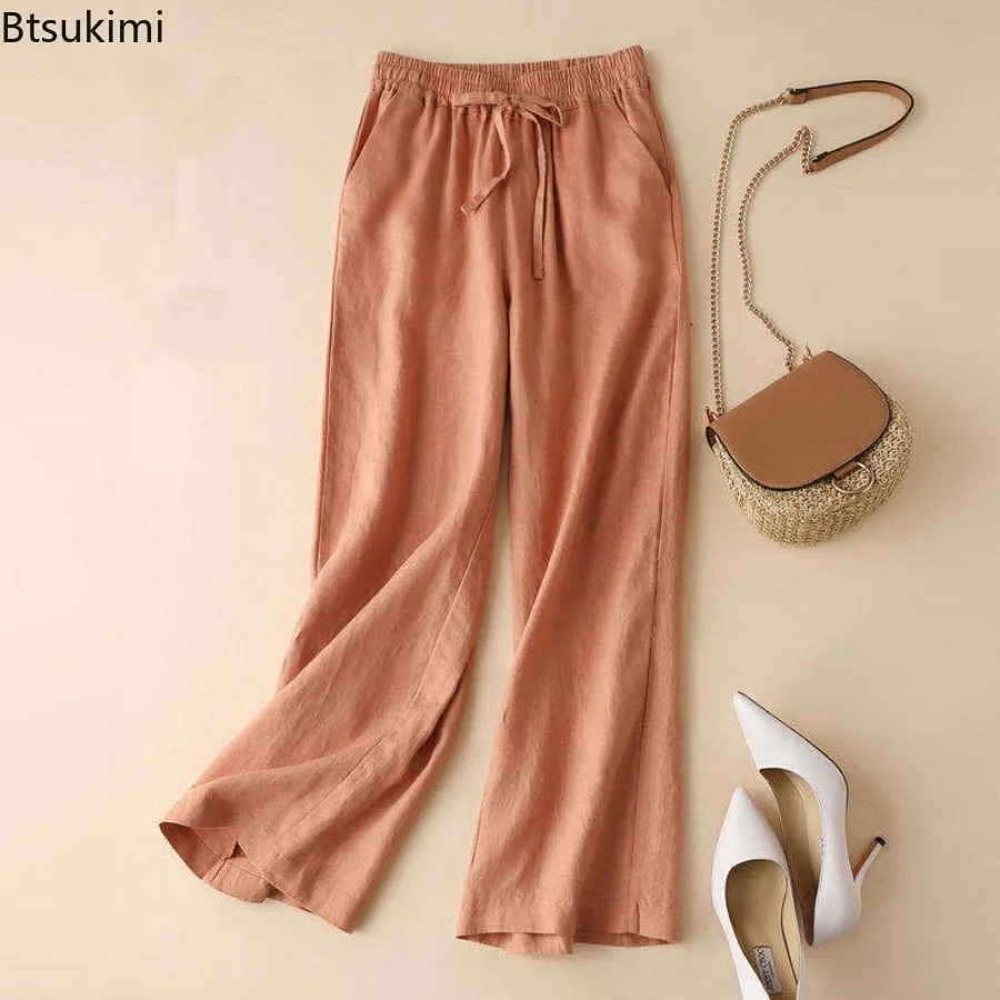 

2025 Women's Cotton Linen Wide Leg Pants Pleated Casual Straight Pants for Women High Waist Breathable Long Pants with Pockets