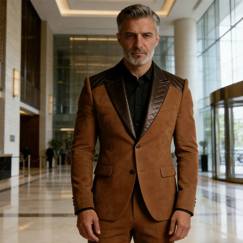 

Мужской костюм-двойка: замшевый пиджак с кожаными нашивками на лацканах и брюки классического кроя, ретро-стиль, приталенный силуэт, для делового и повседневного образа