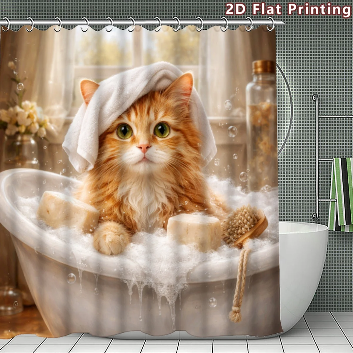 2D Flat, 1pc 2D Flat Bathing Ginger Cat Shower Curtain, Bathroom Decor, Multi-Size Options (80X180Cm, 120X180Cm, 150X180Cm, 180X