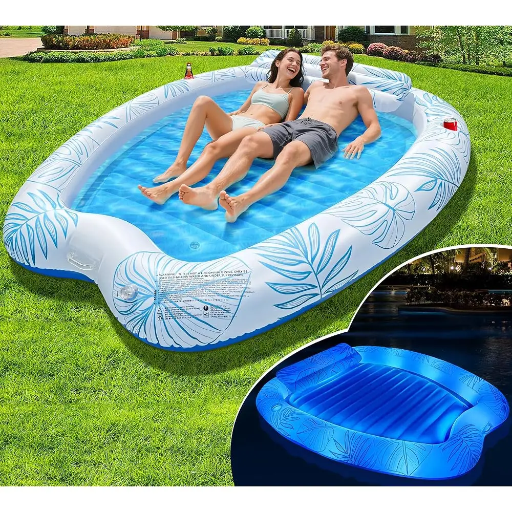 

2 Person Inflatable Tanning Pool Lounger Float, Solar Powered Inflatable Tanning Bed Float With Colorful Light, Sunbathing Pool
