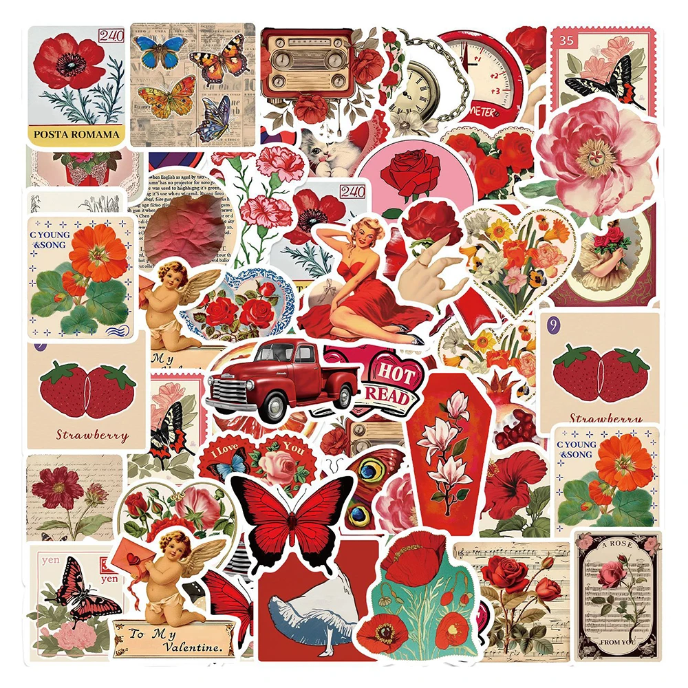 10/30/50 قطعة الرجعية الأحمر الجمالية الفن الكتابة على الجدران ملصقات الكرتون زهرة الورد ملصق الأمتعة الهاتف سجل القصاصات عيد الحب الشارات #1