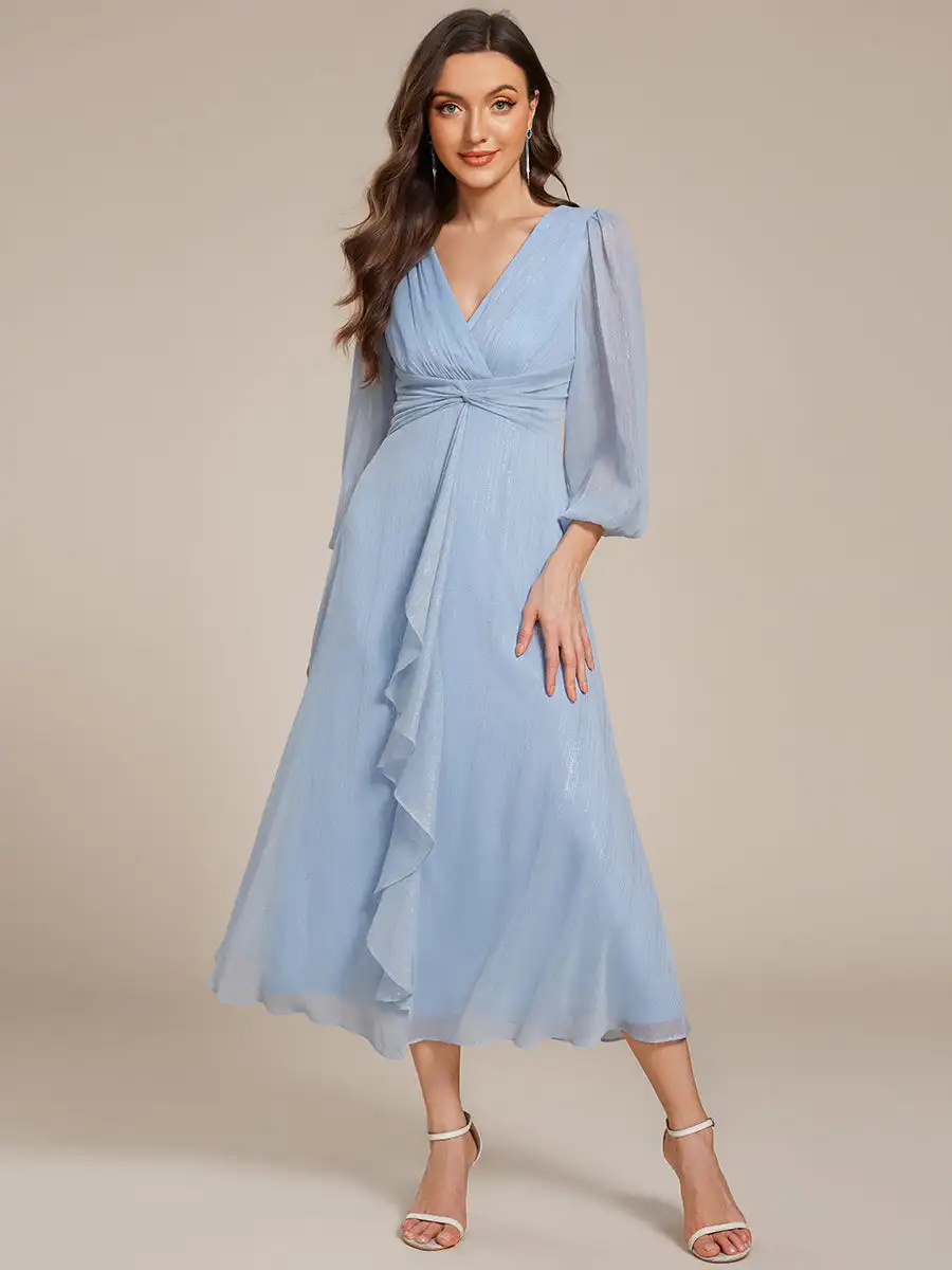 

Elegant Evening Dresses Deep V Neck Long Sleeve Knee-Length 2025 Ever pretty of Shiny Chiffon Sky Blue Wedding Guest Dresses