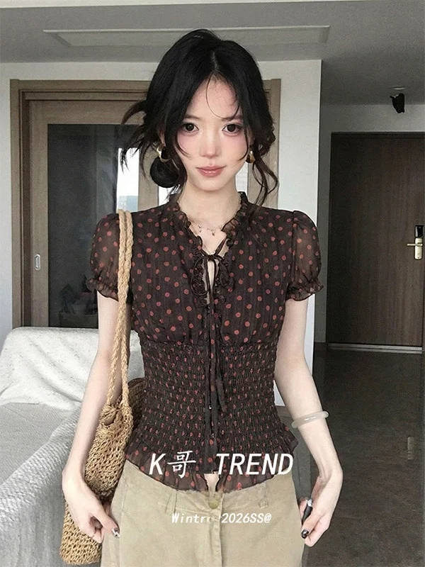 

Polka Dot Short Sleeve Women's Shirt Summer Tie Waist Bubble Sleeve Chiffon Slimming French Style V-neck Top Fashion Sensation