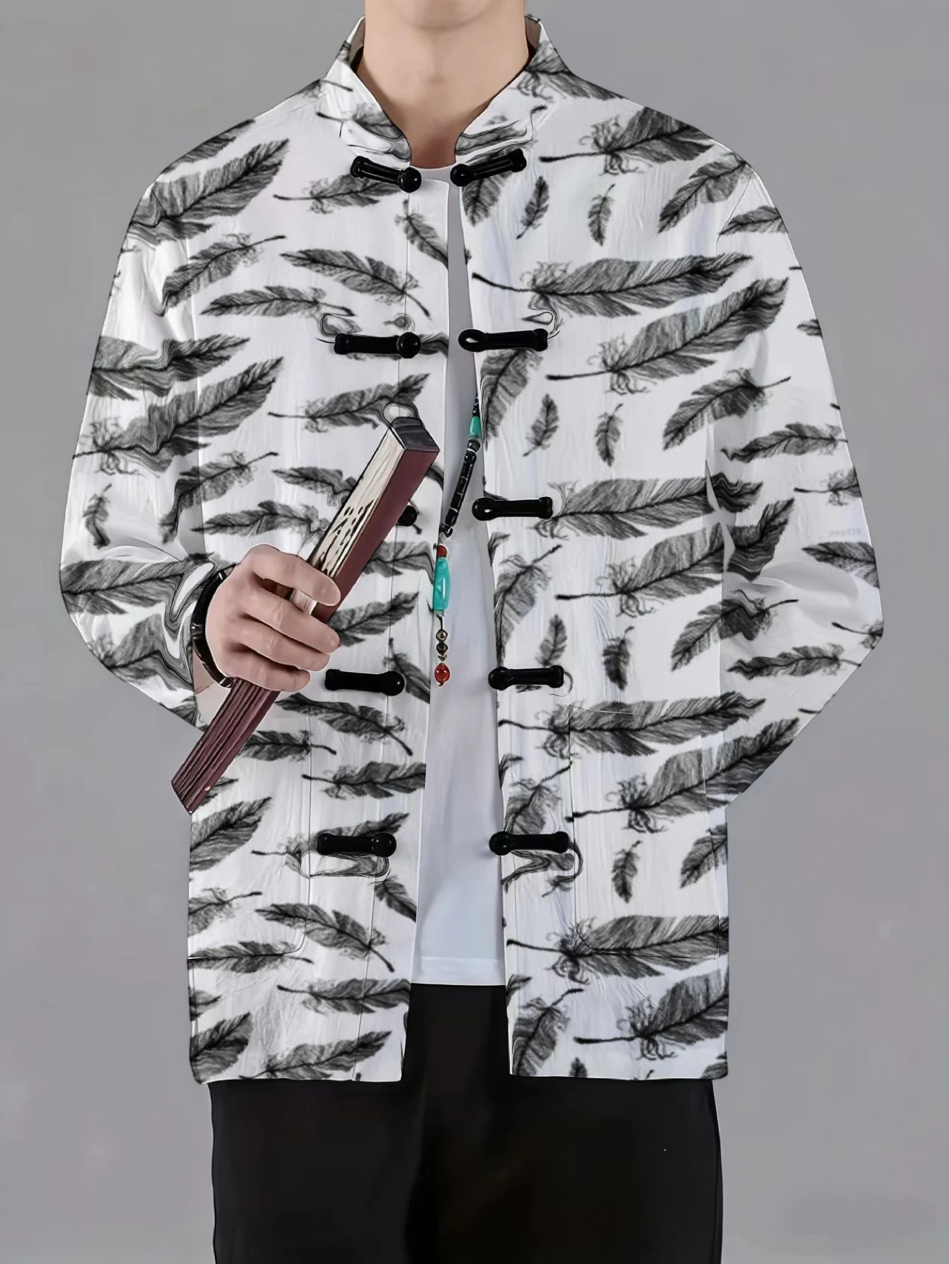 Men Mandarin Collar Frog Button Jacket Ethnic Block Feather Floral Patchwork Art Print Traditional Outerwear