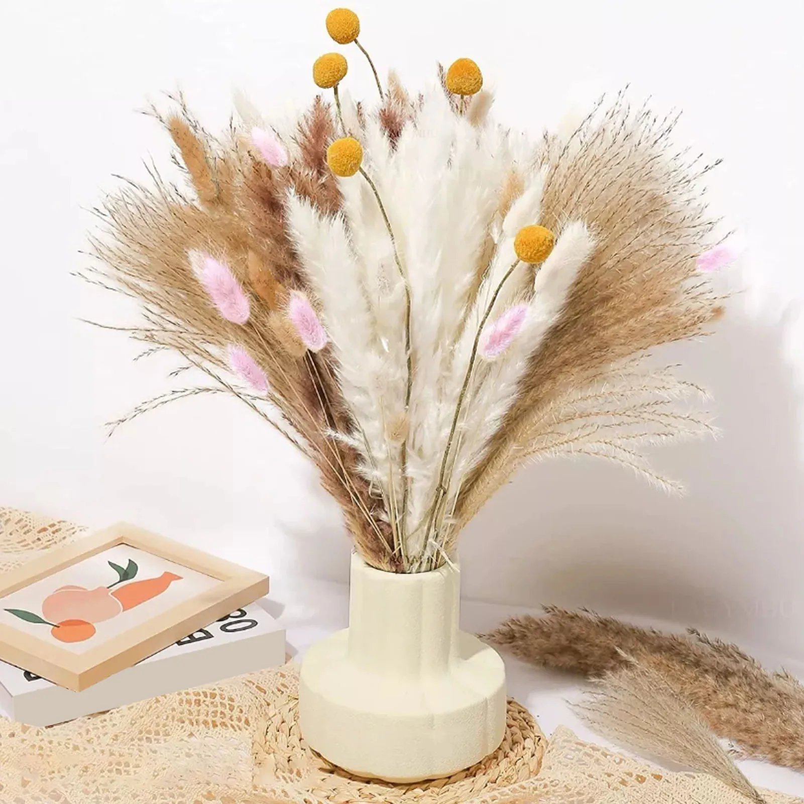 70 Pcs Dried Flower Bouquet Pampas Grass Reed Grass Pink Bunny Tails Yellow Billy Button Dried Flower Decoration