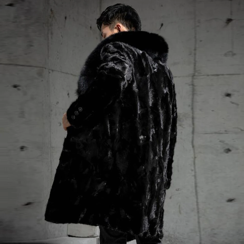 Denny&Dora Men Leather Coats With Fur Real Coat With Fur Lapels Mink Fur Mens Coats Long Style