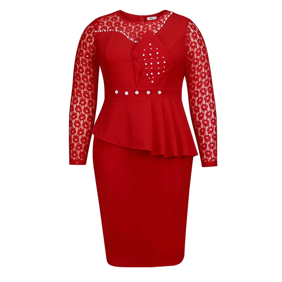 Classy Red Lace Celebrate Party Dress O Neck Beading Long Sleeve Patchwork High Waist Bodycon Wedding Prom Evening Event Gowns