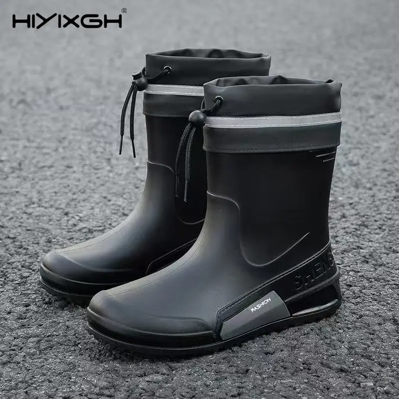 High-End Men's Rain Boots Waterproof Anti-Slip Mid-Calf Fishing Rider Teenage Booties Slip-On round Toe Flat Heel Casual Style