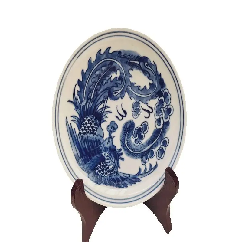 

China Old Porcelain Plate Blue And White phoenix Patterned Traditional Decorative Dish Vintage Asian Home Decor