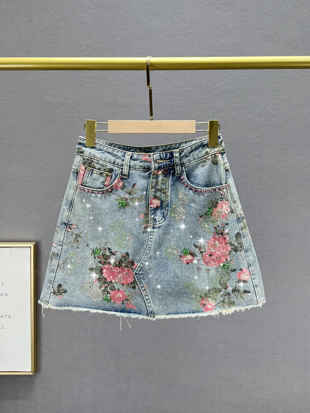 Floral Pattern Rhinestone Design Denim Women's Mini Skirt A Line Short Skirt Ladies Fashion Rhinestone Floral Denim Skirts