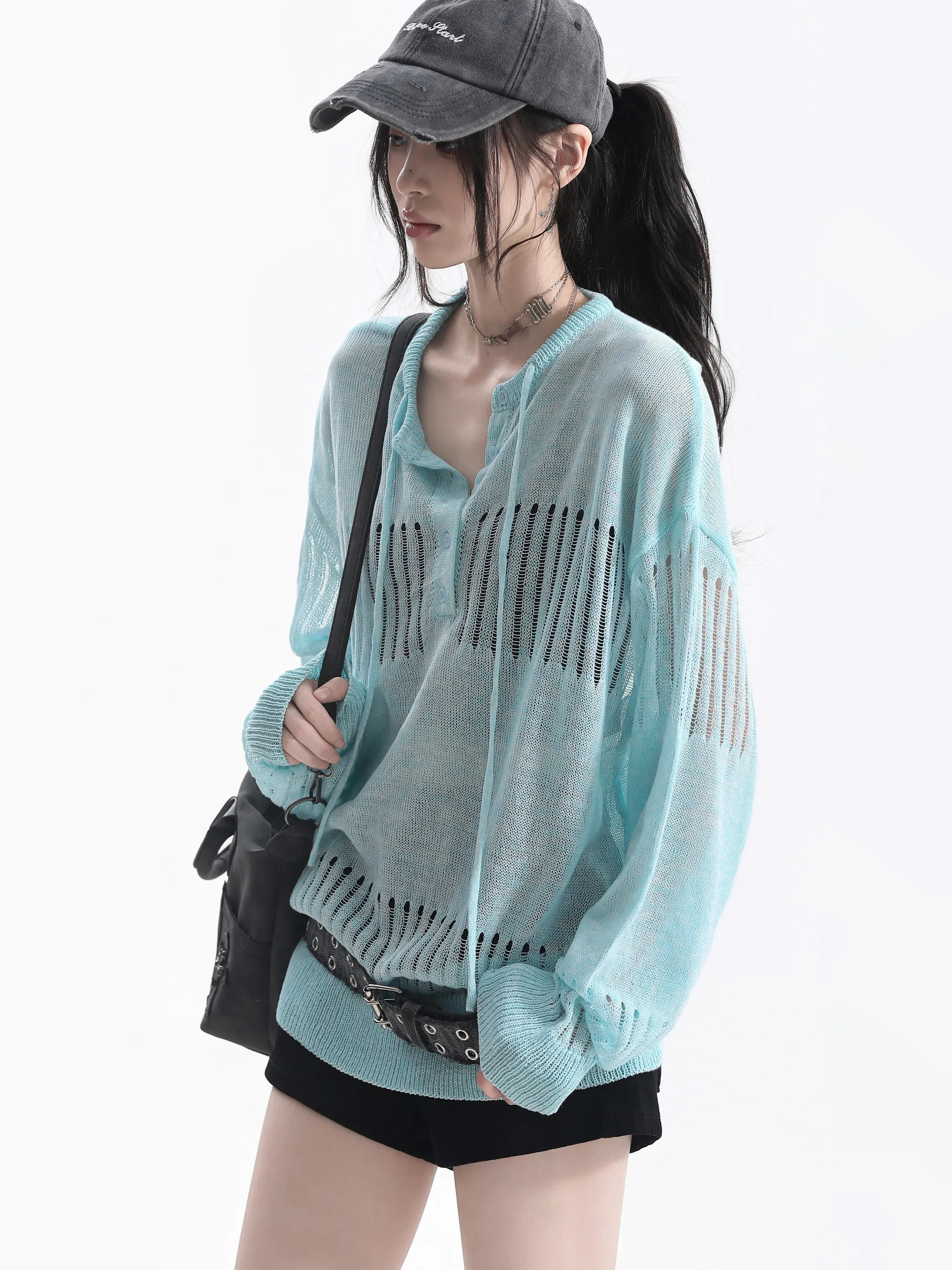 Lightweight Long Sleeve Knitted T-Shirt Belt Design Casual Style Summer Anti-Aging Hollow out Lazy Fashion Breathable Women's...