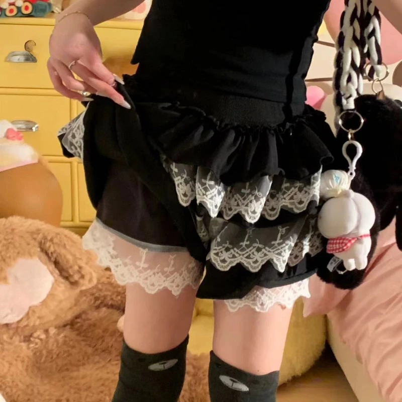 ฤดูร้อนหวานสูงเอวลูกไม้ Ruffle กระโปรงมินิกระโปรงผู้หญิง Kawaii Lolita Fluffy เค้กกระโปรง Vintage Y2K Harajuku แฟชั่นกระโปรงสั้น