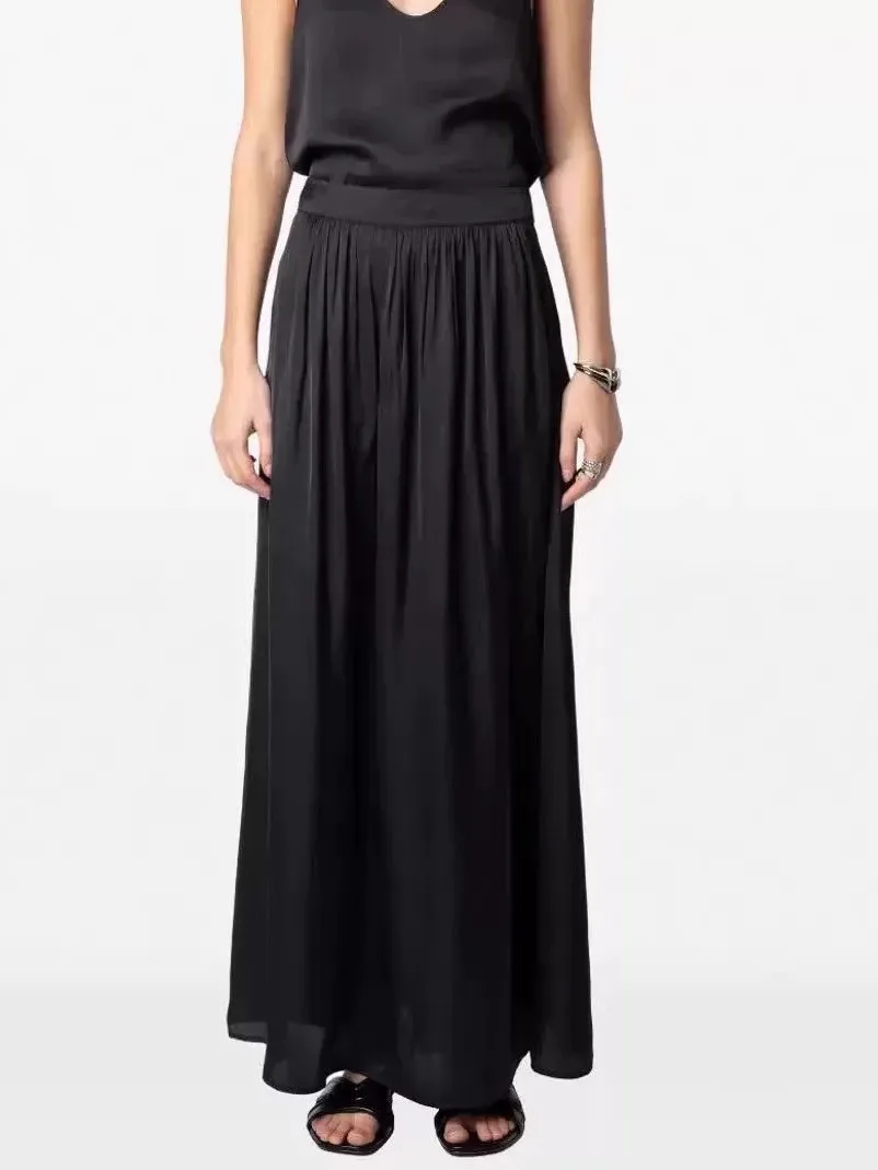 

Women's Slit Black Maxi Skirt 2025 New Rhinestone Buttons High Waist Pleated A-Line Elegant Ladies Jupe