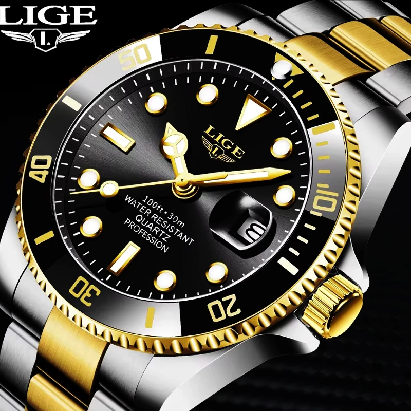 

LIGE Top Brand Luxury Fashion Gold Watch Man Waterproof Luminous Dates Clock Sport Watches Mens Quartz Wristwatch Rreloj Hombre