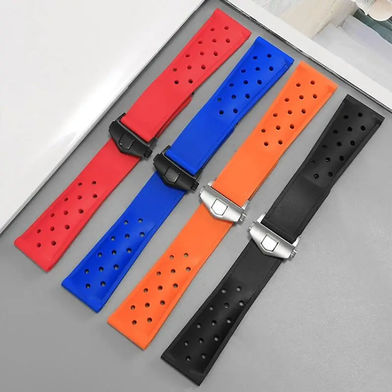 Silicone Watch Strap For Tag Heuer CARRERA AQUARACER 300 WAY201A WAY211C Black Blue Rubber Watch Accessories Band 22mm
