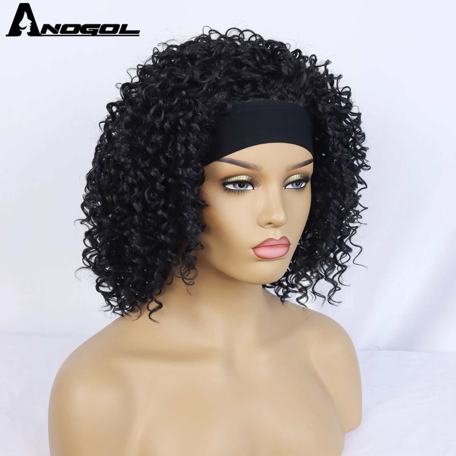 ANOGOL Synthetic Short Bob Kinky CurlyHeadband Wigs for Black Women Deep Wave Wigs with Head Wraps Peruca Cosplay Brazilian