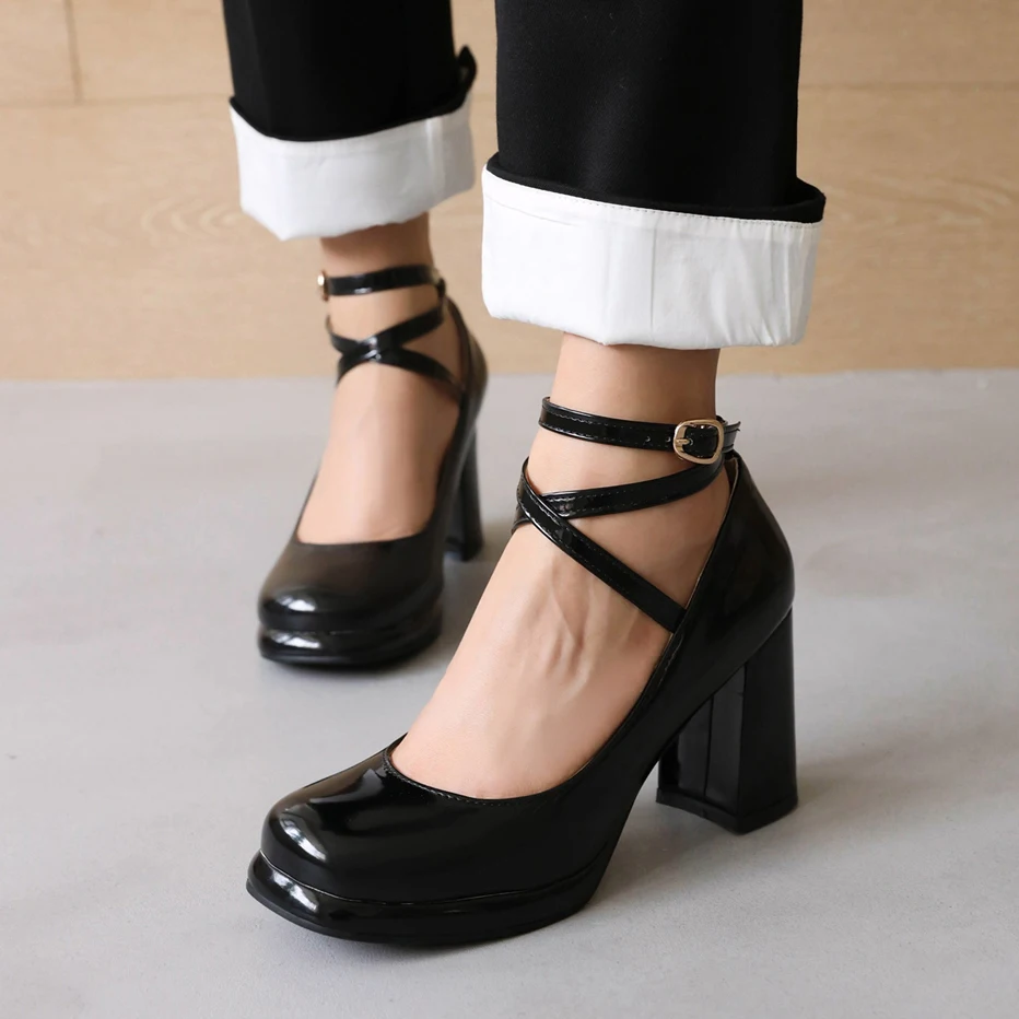 2024 New Punk Goth Platform Womens Pumps Round Toe Thick Heels Female Spring Fall Cross Straps Casual Shoes Women Moccasins