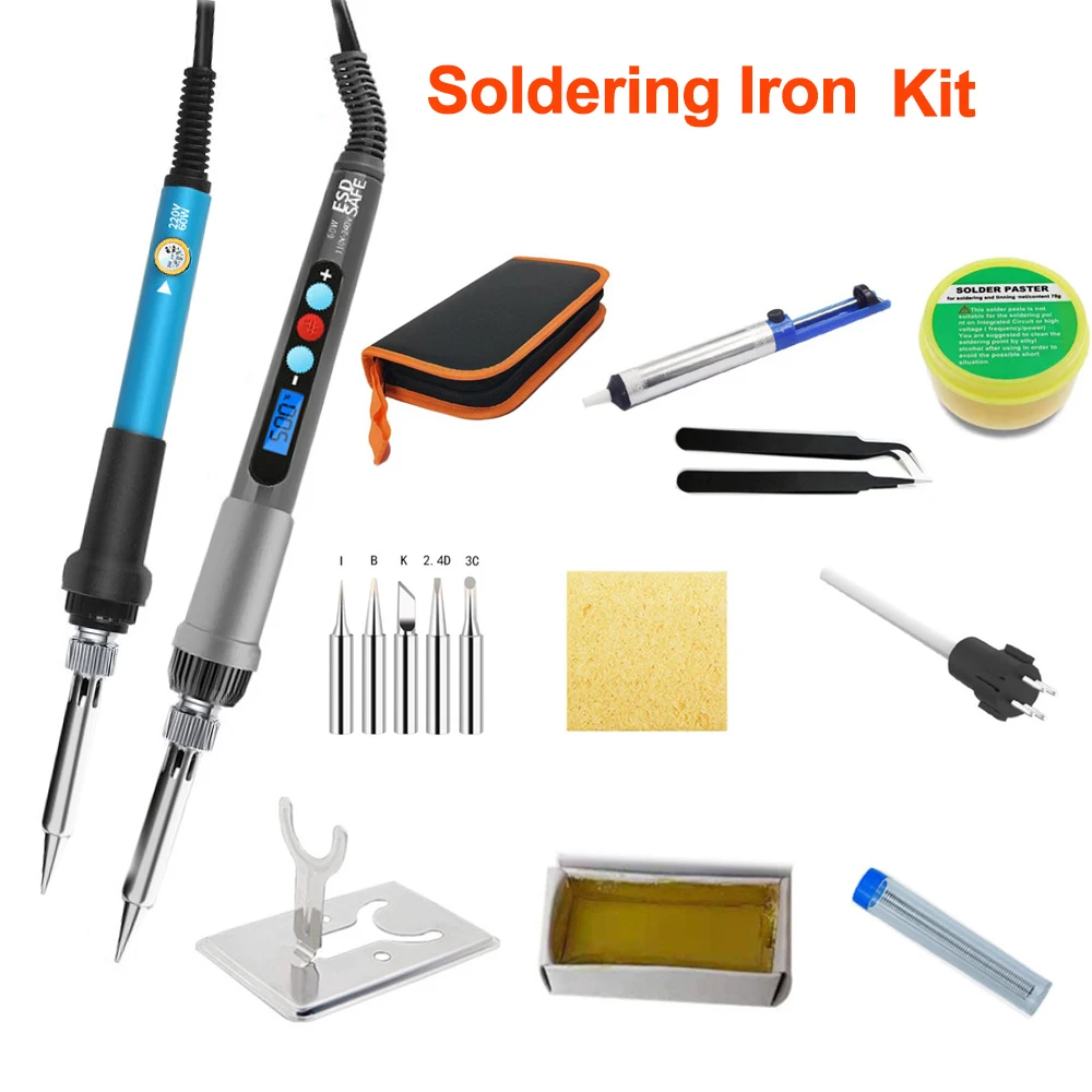 60W Soldering iron kit adjustable temperature LCD solder welding tools Ceramic heater soldering Tips Tweezers soldering wire