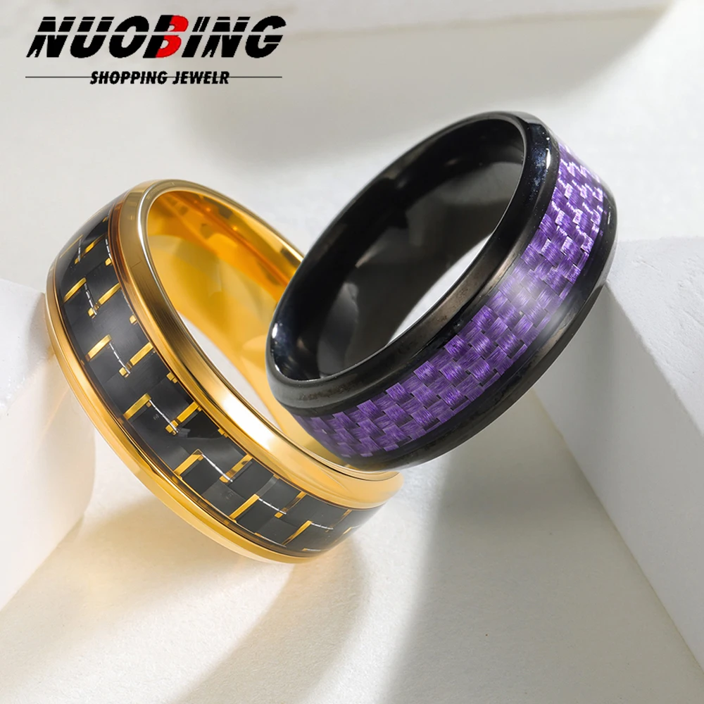 Vintage Titanium Stainless Steel Purple Green Rings for Men Black Carbon Fiber Ring Wedding Jewelry Christmas Gift Accessories