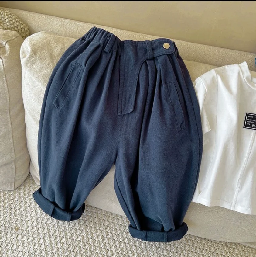 Kids Spring Autumn Pants Boys Girls Solid Color Elastic Casual Trousers Baby Waist Buckle Korean Style Wide Leg Pants