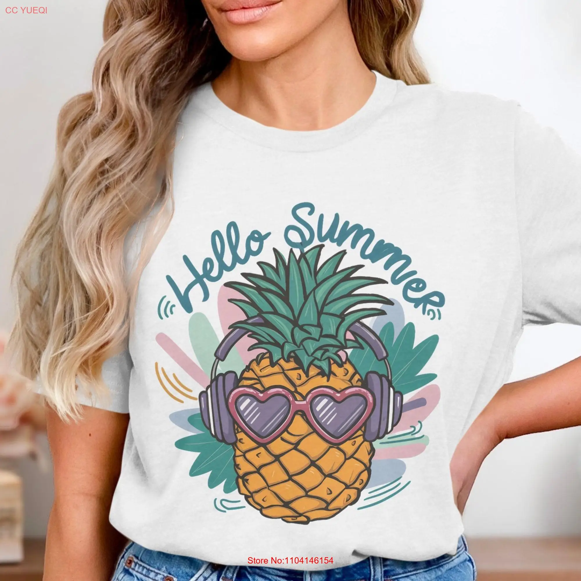 Hello Summer Pineapple With Sunglasses T Shirt Fun Vibes Trendy Beach Vacation Cute Art long or short sleeves