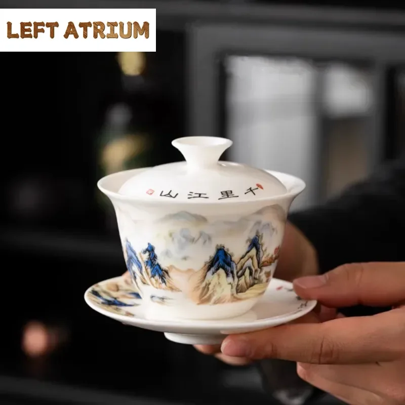 Chinese Suede Jade White Porcelain Gaiwan Teacup Hand-painted Mountain Ceramic Tea Bowl Household Tea Infuser Handmade Teaware